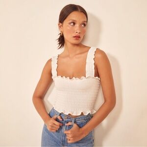 Reformation Leonore off white smocked crop top with ruffle edges and straps